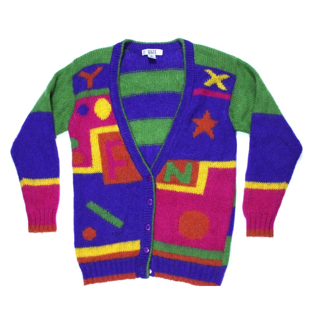Vintage 80s 90s mohair sweater cardigan oversized colorblock colorful loud sz M